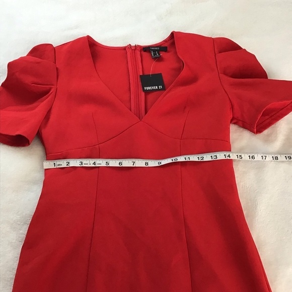 Forever 21 Red Puff Sleeve Mini Dress Short Sleeve V-Neck Party Dress Size Med - Picture 9 of 15